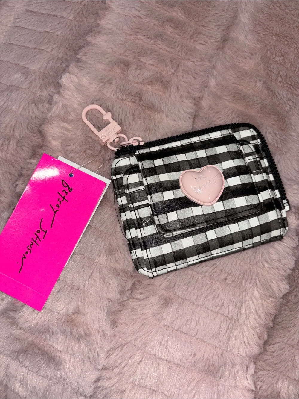 Betsey Johnson Black & White Gingham Card Case with Pink Heart Charm